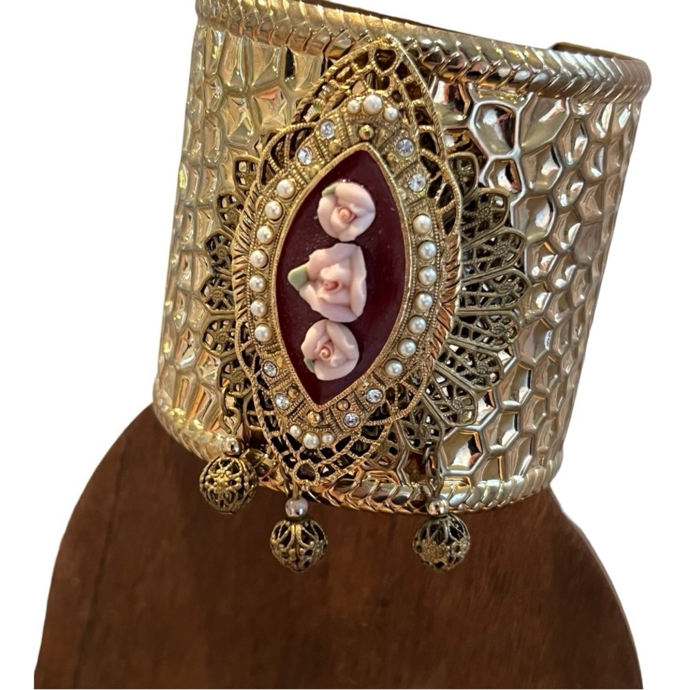 Cuff bracelet reworked with vintage jewelry added gold pink flowers